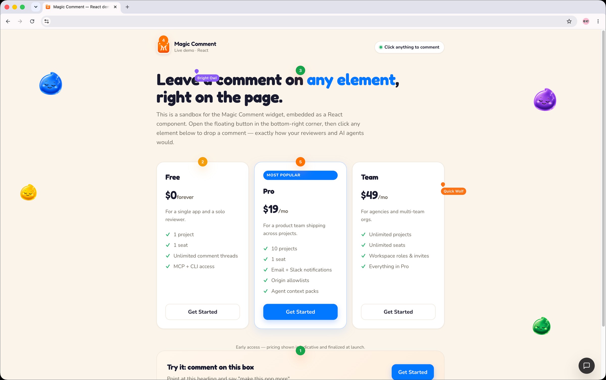 The Magic Comment widget live on a page — numbered pins mark feedback on specific elements, each carrying the exact DOM context an agent needs