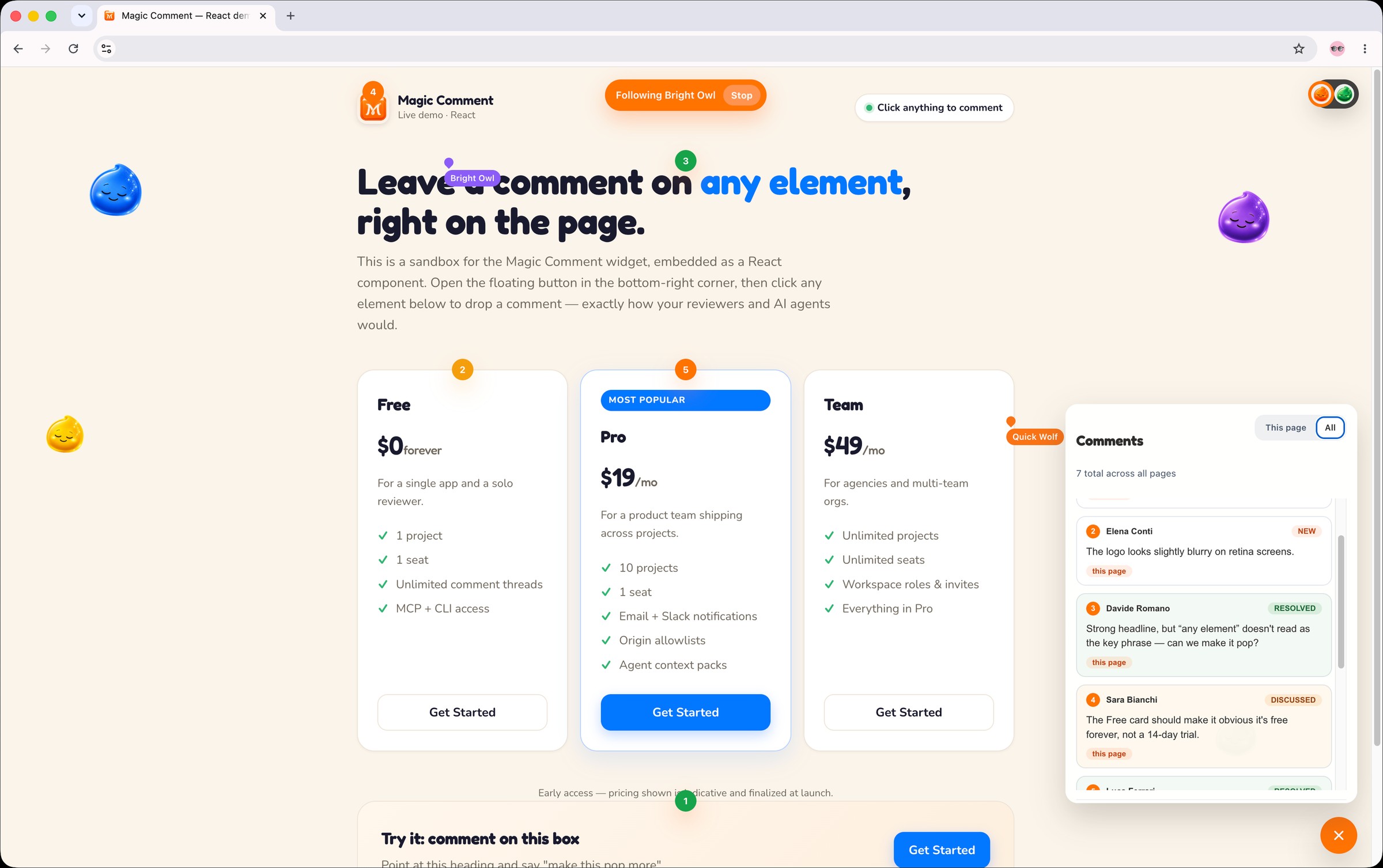 Every comment thread across the app in one list — following a teammate, comments tagged new, discussed, and resolved across all pages