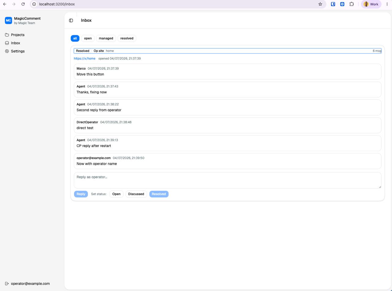The MagicComment dashboard inbox — every project's threads in one list with status filters and operator replies