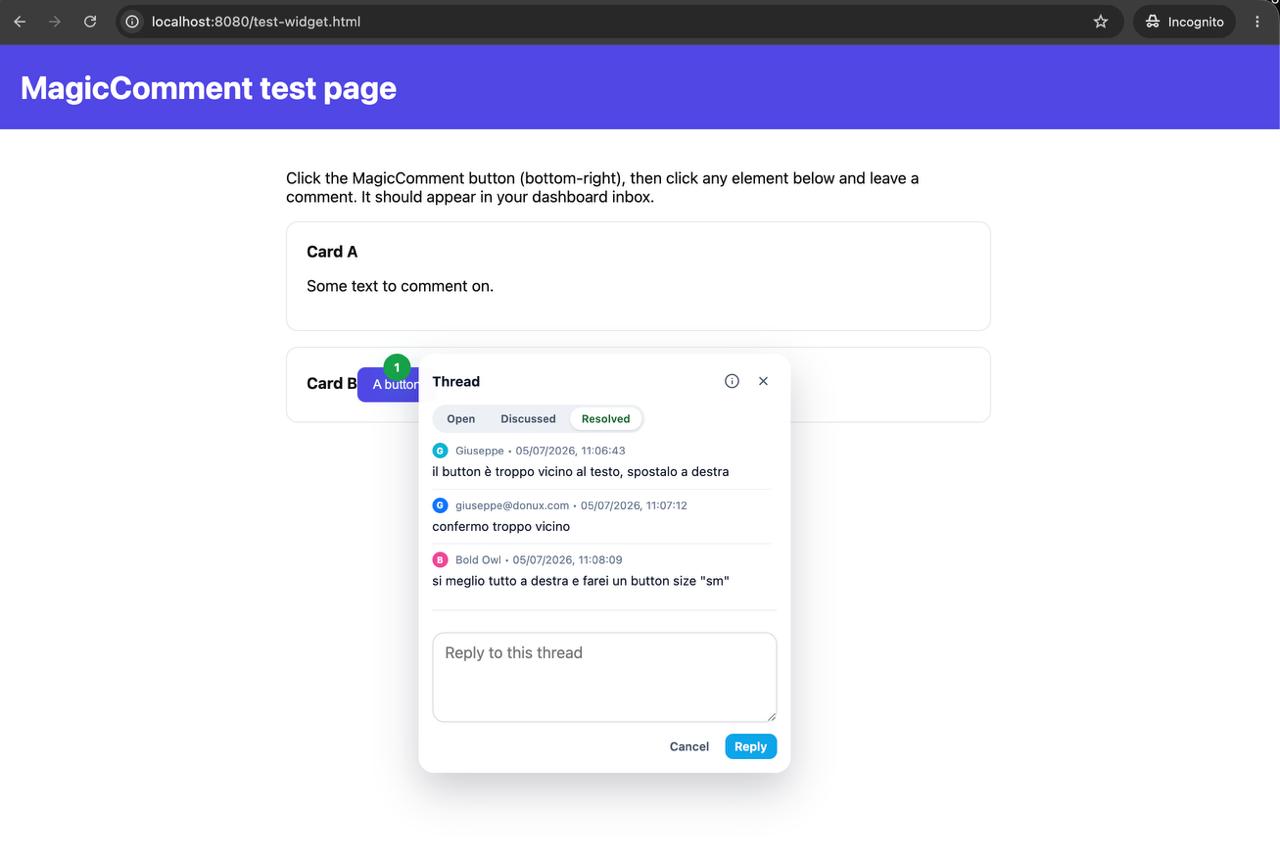An open comment thread carrying the selector path and quoted DOM context, with replies from reviewers and the agent