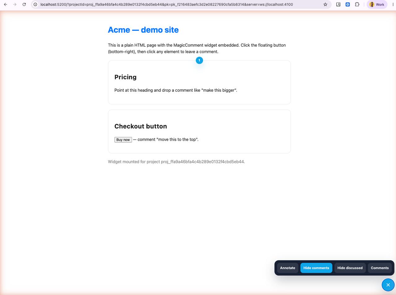 The MagicComment widget embedded on a live page — click any element and a numbered pin marks the feedback