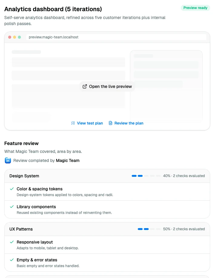 Preview ready screen with a link to the live preview and a feature review listing the checks that passed